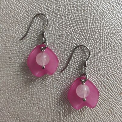 Boucles d'oreilles pétales avec quartz rose naturel - Bleu - Acier inoxydable doré