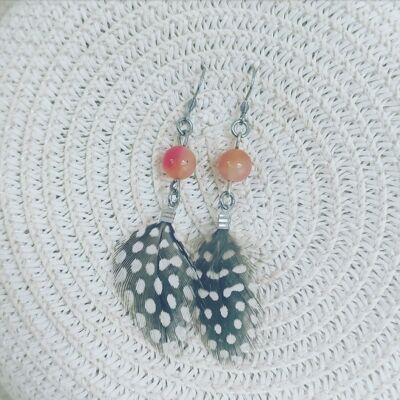 Orange jade earrings with polkadot feathers