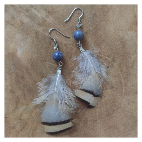 Sodalite earrings with striped feathers