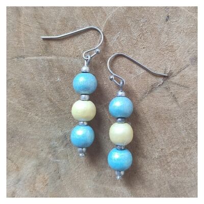 Boucles d'oreilles légères en bois - Bleu clair - Jaune - Acier inoxydable doré