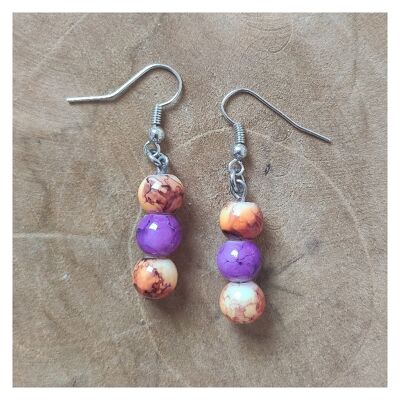 Boucles d'oreilles perles de verre - Orange - Violet - Acier inoxydable doré