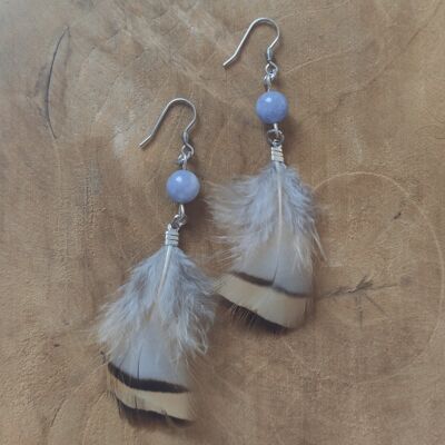 Aquamarine earrings with feathers