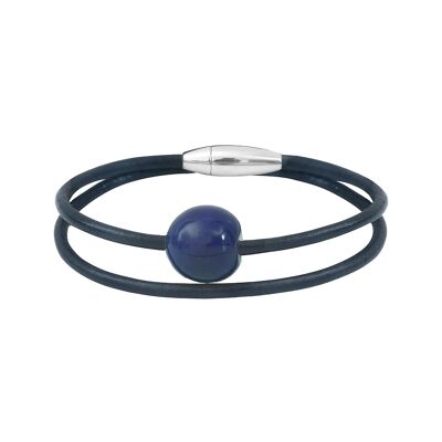 Cerise Marineblaues Armband aus Leder und pflanzlichem Elfenbein.