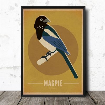 Magpie Bird Vintage Retro Style Nature Poster Art Print