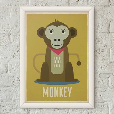 Poster di stampa d'arte della scuola materna retrò dei bambini della scimmia