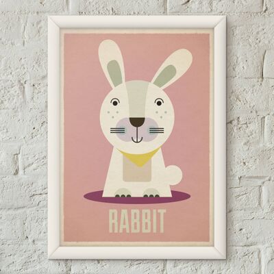 Poster di stampa d'arte della scuola materna retrò per bambini di coniglio