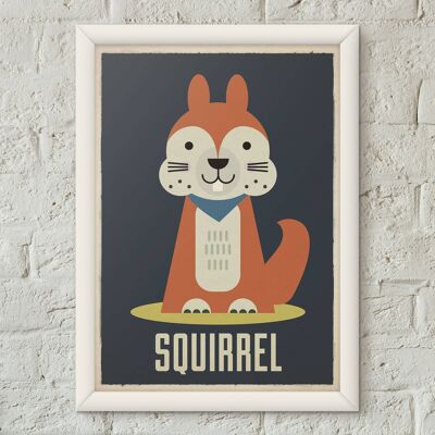 Poster di stampa d'arte della scuola materna retrò per bambini di scoiattolo