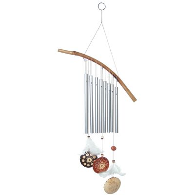 Campanello a vento in metallo con piume e 3 cerchi in cocco da 54 cm