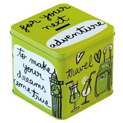 Caja de monedas de metal "para tu próxima aventura" verde