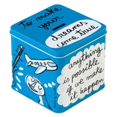 Caja de monedas de metal "para hacer tus sueños realidad" azul
