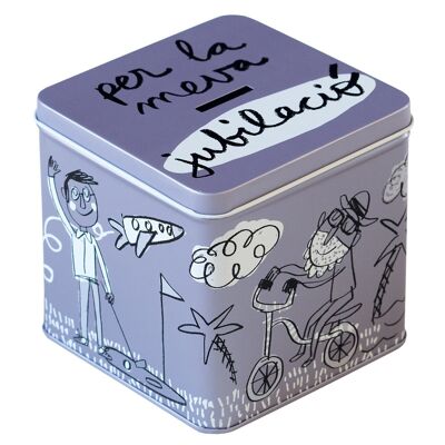 Münzbox aus Metall "per la meva jubilació" violett