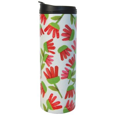 Termo de vacío de doble pared para líquidos 400ml. "flores rosas" Acero inoxidable y tapa antigoteo