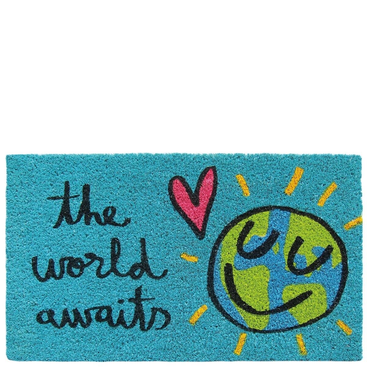 Doormat "the world awaits" blue