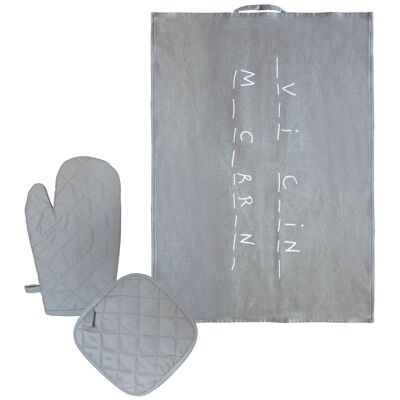 Set torchon coton & gants de cuisine "_V_I C_IN_ M_C_RR_N_" gris