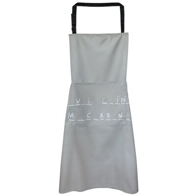 Tablier de cuisine "_V_I C_IN_ M_C_RR_N_" gris avec double poche (principale et portable) cintre en tissu & hauteur réglable