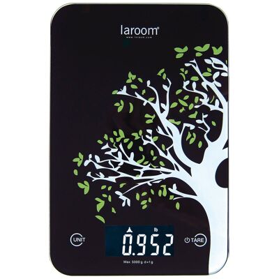 Küchenwaage „Baum“ schwarz mit hintergrundbeleuchtetem LCD, Tara und Lithium-Batterie (mit Wandhalterung)