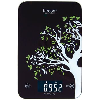 balance de cuisine "arbre" noire avec écran LCD rétro-éclairé, tare et pile au lithium (avec support mural)