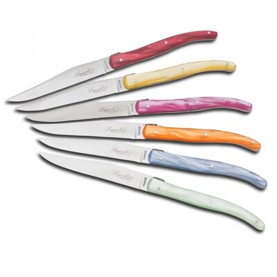 Caja de 6 cuchillos para bistec Laguiole mango de plexiglás en colores nacarados surtidos