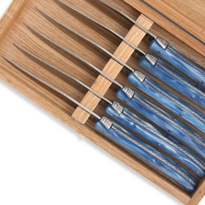 Box of 6 Laguiole steak knives with blue pearly plexiglass handle