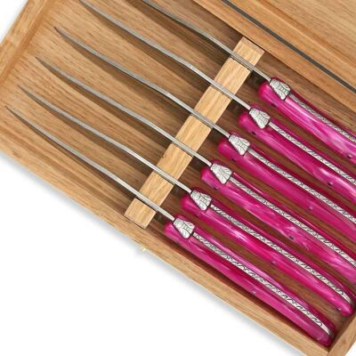 Caja de 6 cuchillos para bistec Laguiole mango de plexiglás rosa nacarado
