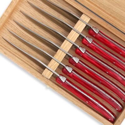 Set of 6 Laguiole steak knives with red pearly plexiglass handle
