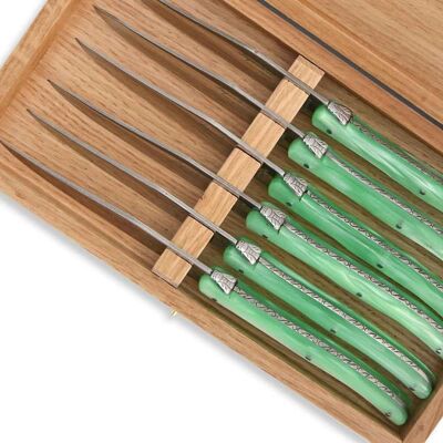 Box of 6 Laguiole steak knives with green pearly plexiglass handle