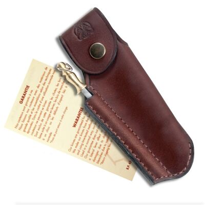 Laguiole handle in olive wood, 12 cm + brown leather case and sharpening steel