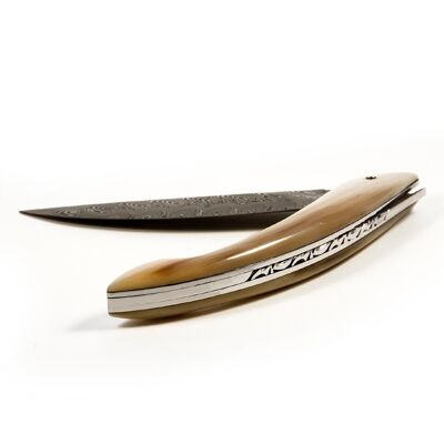Monnerie knife, blond horn tip handle, damascus blade