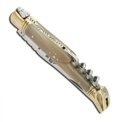 Laguiole knife, blond horn handle with corkscrew and brass bolsters