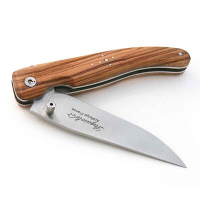 Laguiole liner lock knife in olive wood + leather sheath