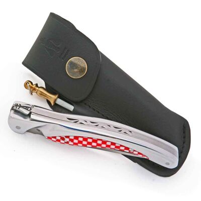 Red and white aluminum bird Laguiole + full grain black leather case + sharpening steel