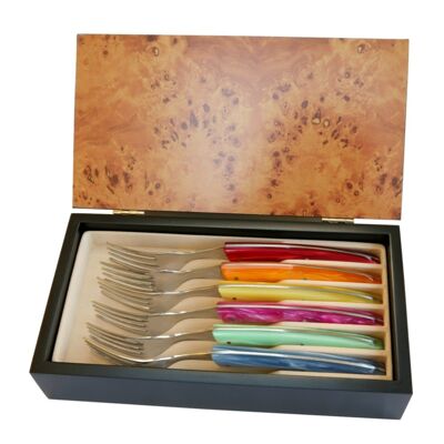Caja de 6 tenedores Laguiole con mangos de plexiglás en colores nacarados surtidos