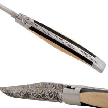 Couteau Laguiole avec manche bi-matière ébène et buis, lame en acier Damas 5