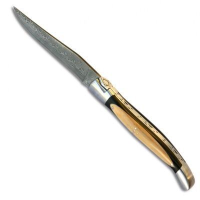 Coltello Massone Laguiole manico in ebano e bosso, lama in damasco