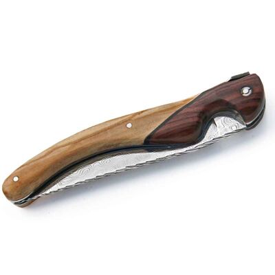 Coltello Laguiole uccello Damasco in legno d'ulivo e legno di violetta