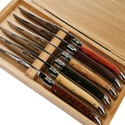 Assorted wooden table Laguiole steak knives