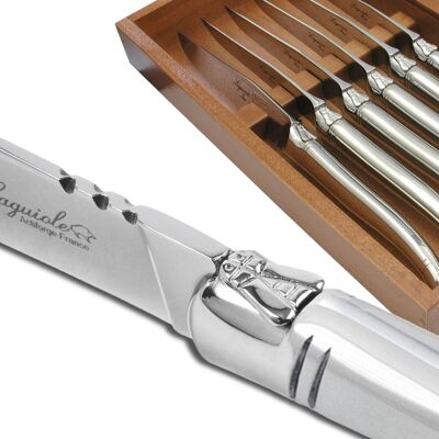 Box of 6 Prestige Laguiole table steak knives entirely forged with a shiny finish