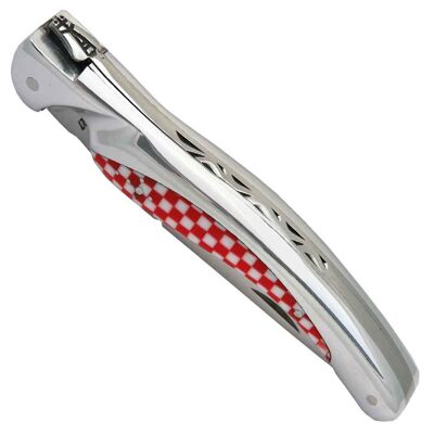 Aluminum bird Laguiole knife with red and white checks