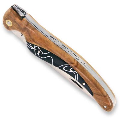 Laguiole bird graffiti knife in olive wood and acrylic