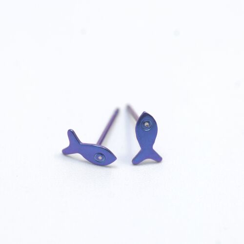 Small Titanium fish earrings.  Blue. Very light and absolutely allergy free! Available in 5 colours. Handmade in France. TT656 BL