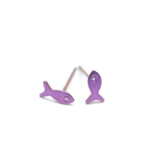 Small Titanium fish earrings.  Violet. Very light and absolutely allergy free! Available in 5 colours. Handmade in France. TT656 PA