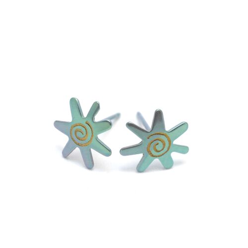 Titanium earrings sun.  Green. Very light and absolutely allergy free! Available in 5 colours. Handmade in France. TT244-8 GRO