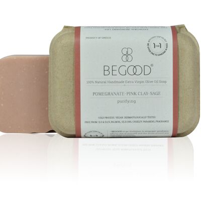 BE GOOD 100 % natürliche, handgemachte Seife aus nativem Olivenöl extra – Granatapfel, rosa Tonerde, Salbei (reinigend), 100 g