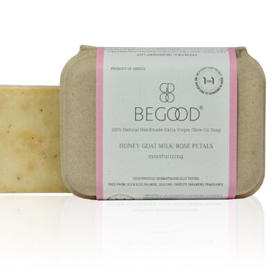 Begood Sapone all'olio extra vergine di oliva 100% naturale fatto a mano - Miele, latte di capra, petali di rosa (idratante), 100 g