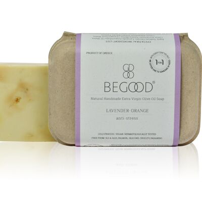 Begood Jabón de Aceite de Oliva Virgen Extra 100% Natural, Hecho a Mano - Lavanda, Naranja (antiestrés), 100g