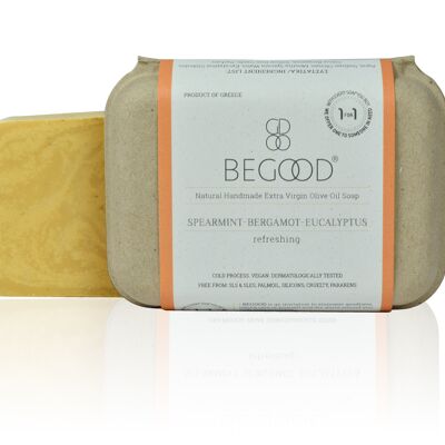 Begood Jabón de Aceite de Oliva Virgen Extra 100% Natural, Hecho a Mano - Hierbabuena, Bergamota, Eucalipto (refrescante), 100g