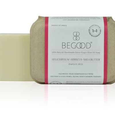 Begood Savon 100% naturel à l'huile d'olive extra vierge fait à la main -Hélichryse, hibiscus, beurre de karité (peau mature), 100g