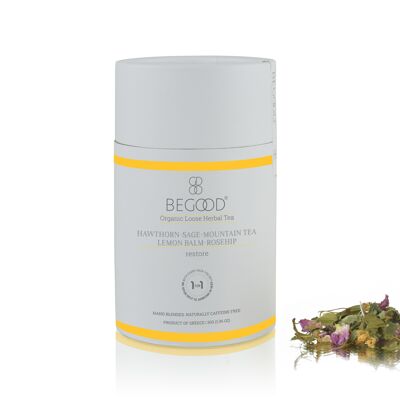 Begood Tisane Bio Vrac - Restore (Aubépine - Sauge - Thé de Montagne - Mélisse - Rose Musquée), 30g