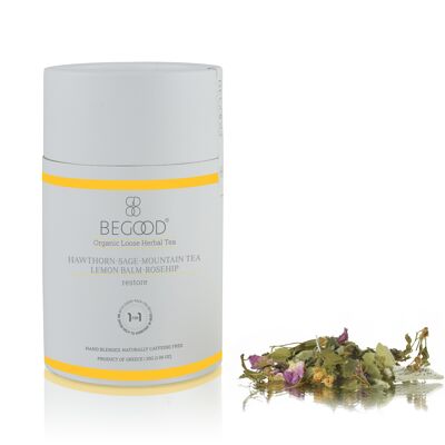 Begood Organic Loose Herbal Tea - Restore (Espino - Salvia - Té de montaña - Bálsamo de limón - Rosa mosqueta), 30 g