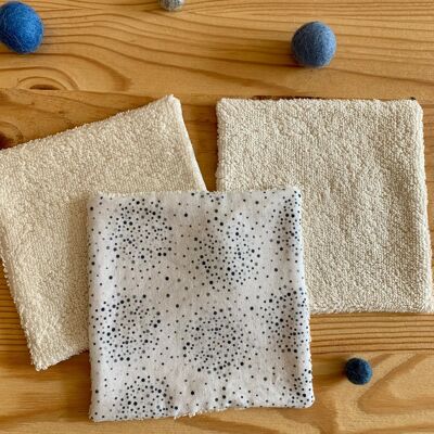 3 make-up remover wipes, White & Blue - Organic
